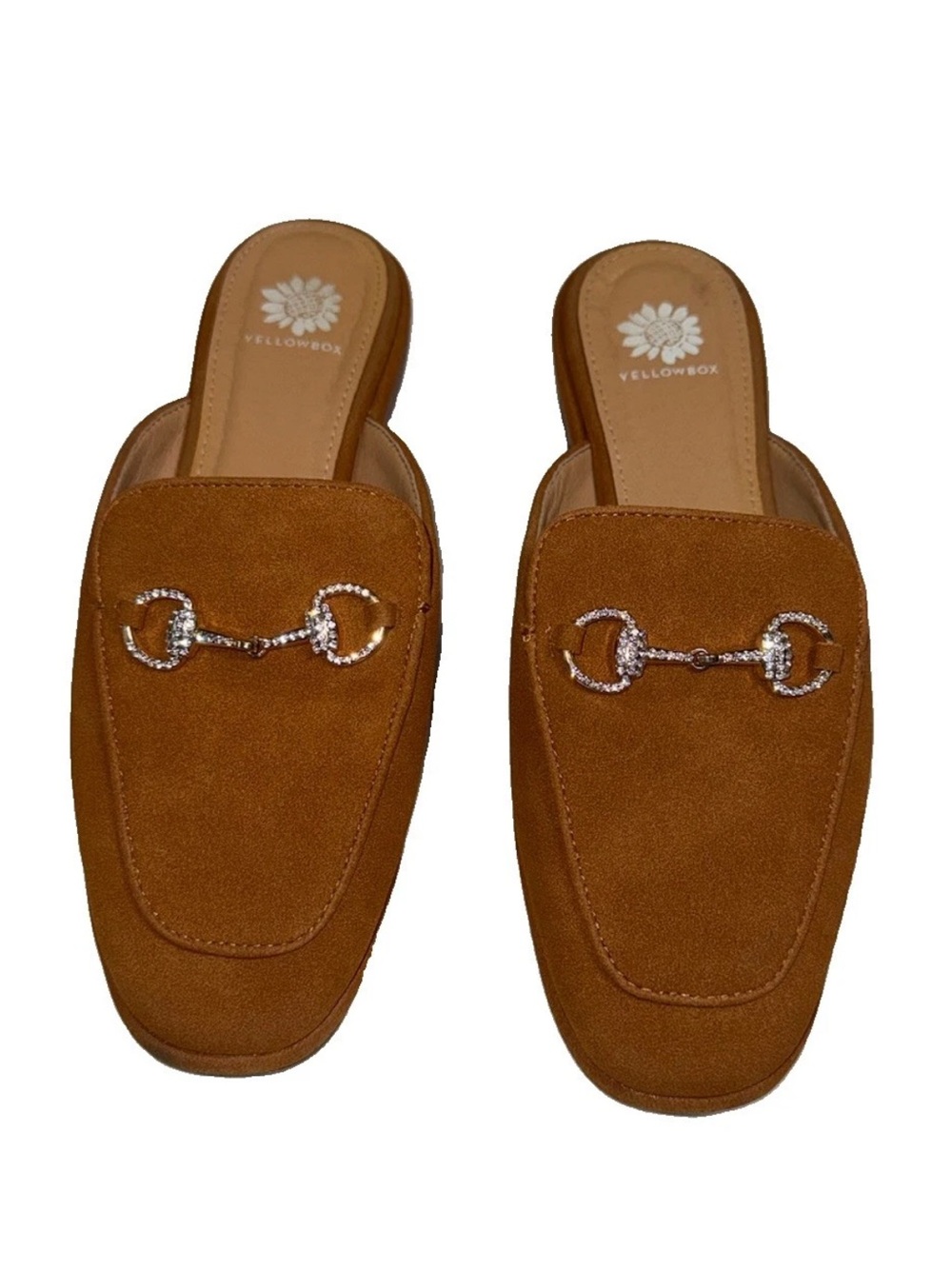 Yellow Box Jolene Women’s 8M Tan Rhinestone Horsebit Loafer Mules Slip On